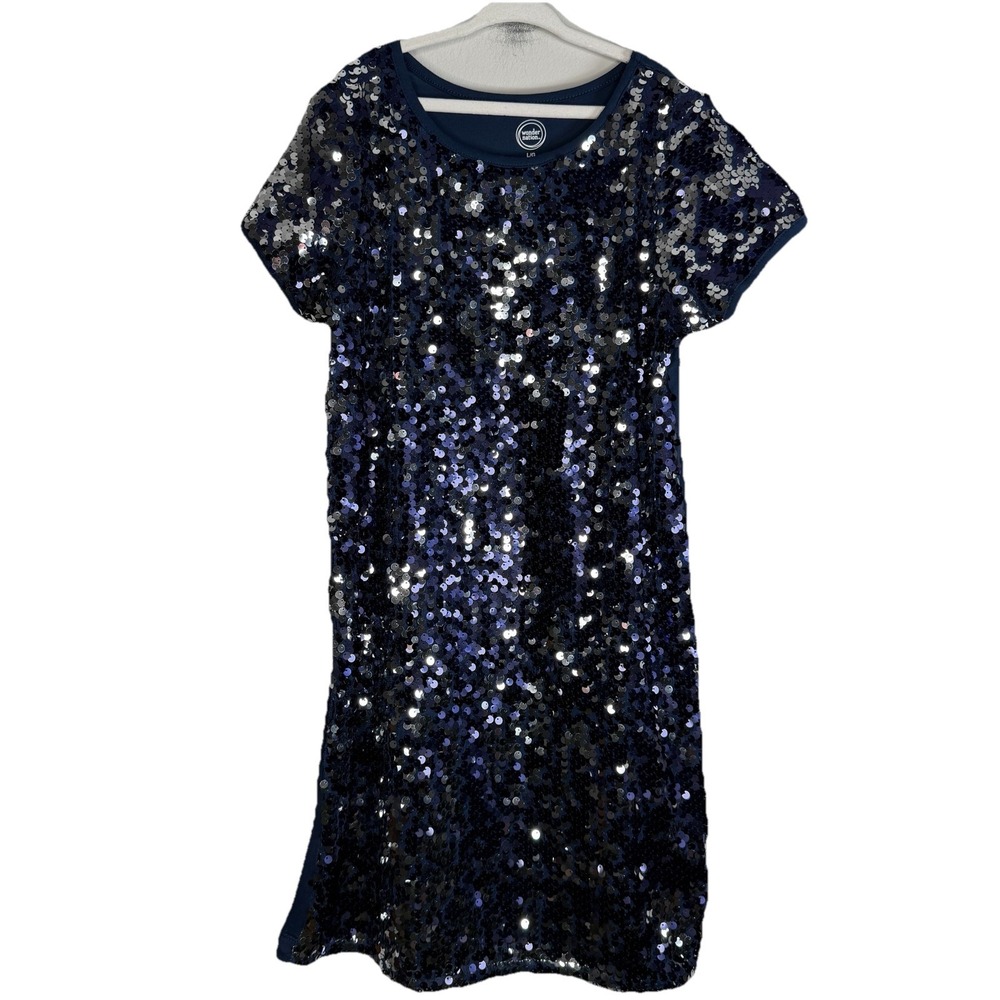 WONDER NATION GIRL'S Navy PULLOVER KNIT DRESS‎ W/SEQUIN FRONT L (10/12) Holiday